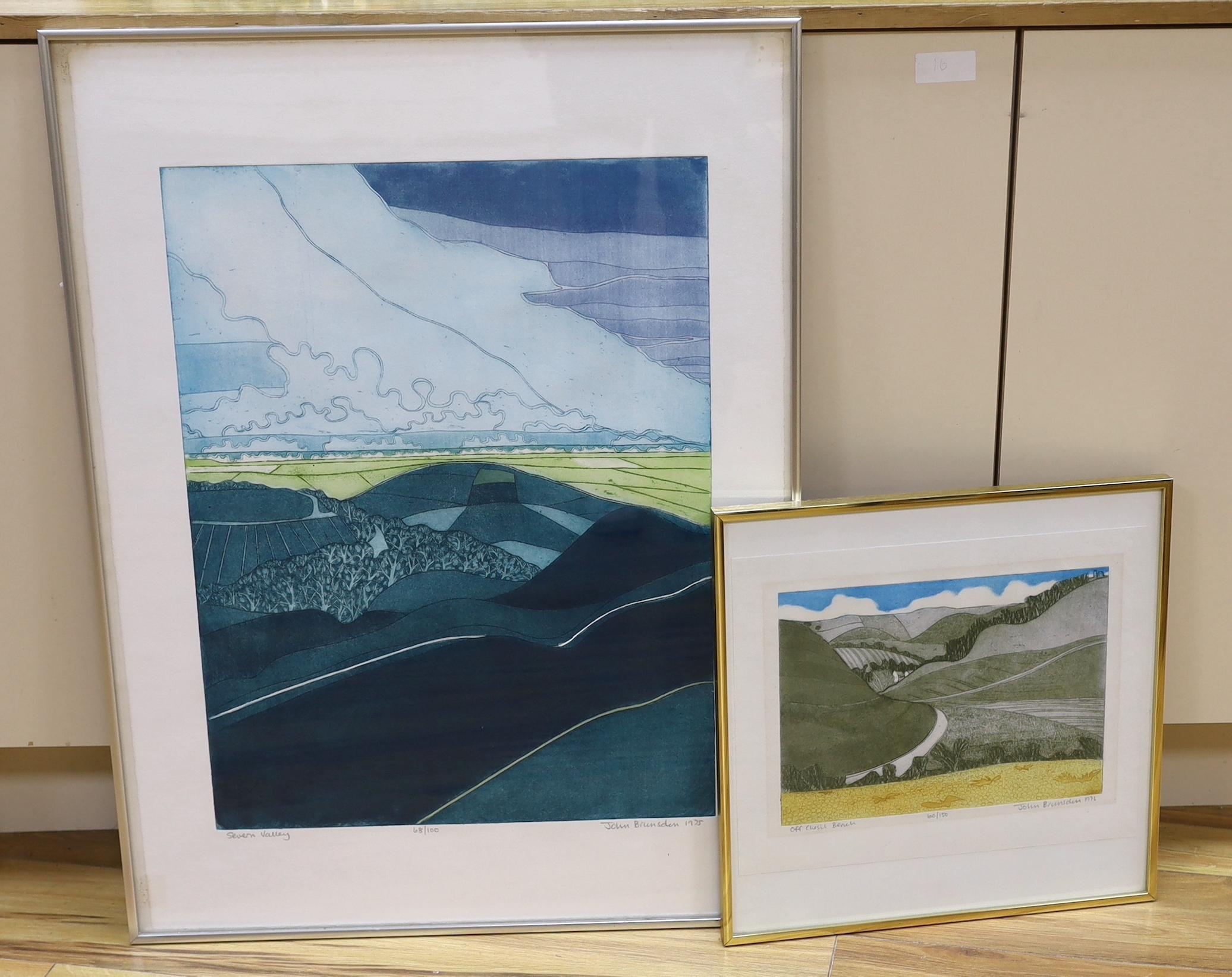John Brunsden (1933-2014) two colour etchings, comprising Off Chesil Beach and Severn Valley, limited edition 60/150 and 68/100, each signed in pencil, one with blindstamp, largest 80 x 60cm